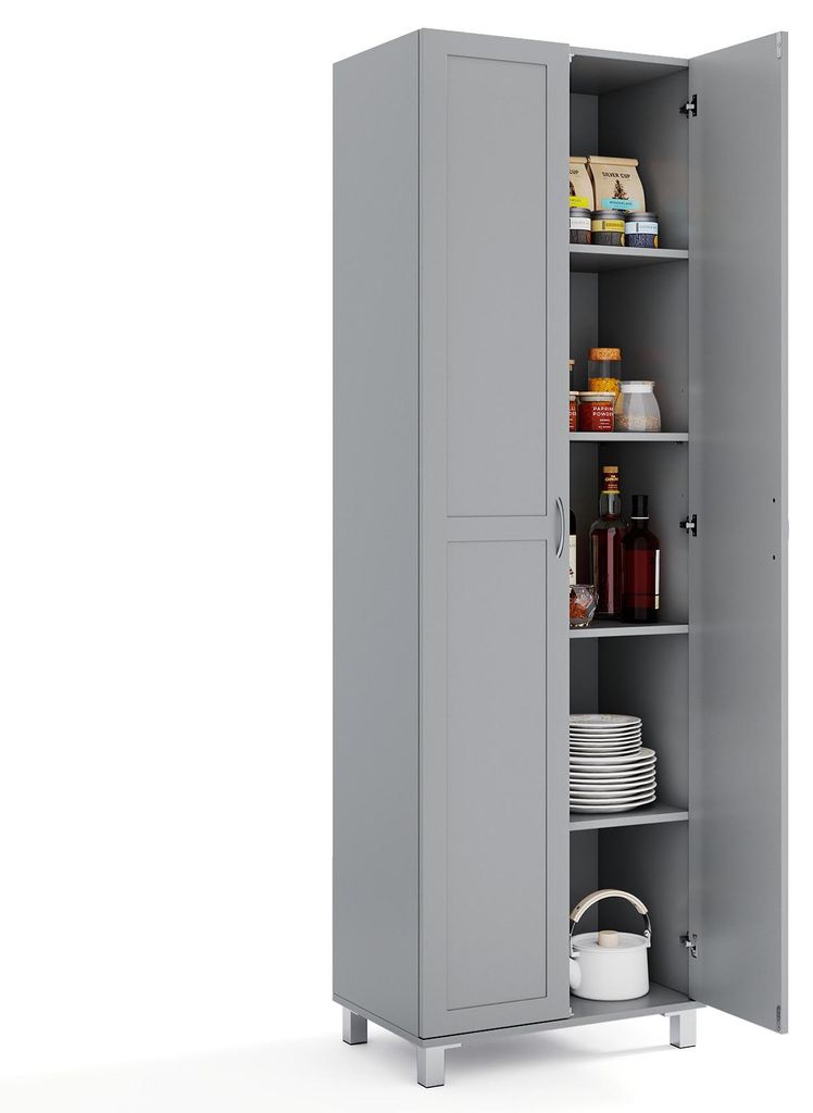COSTWAY Küchenschrank hoch, 187 cm, Vorratsschrank mit 2 Türen & verstellbarem Regal, Mehrzweckschrank modern, Hochschrank Buffetschrank, Grau