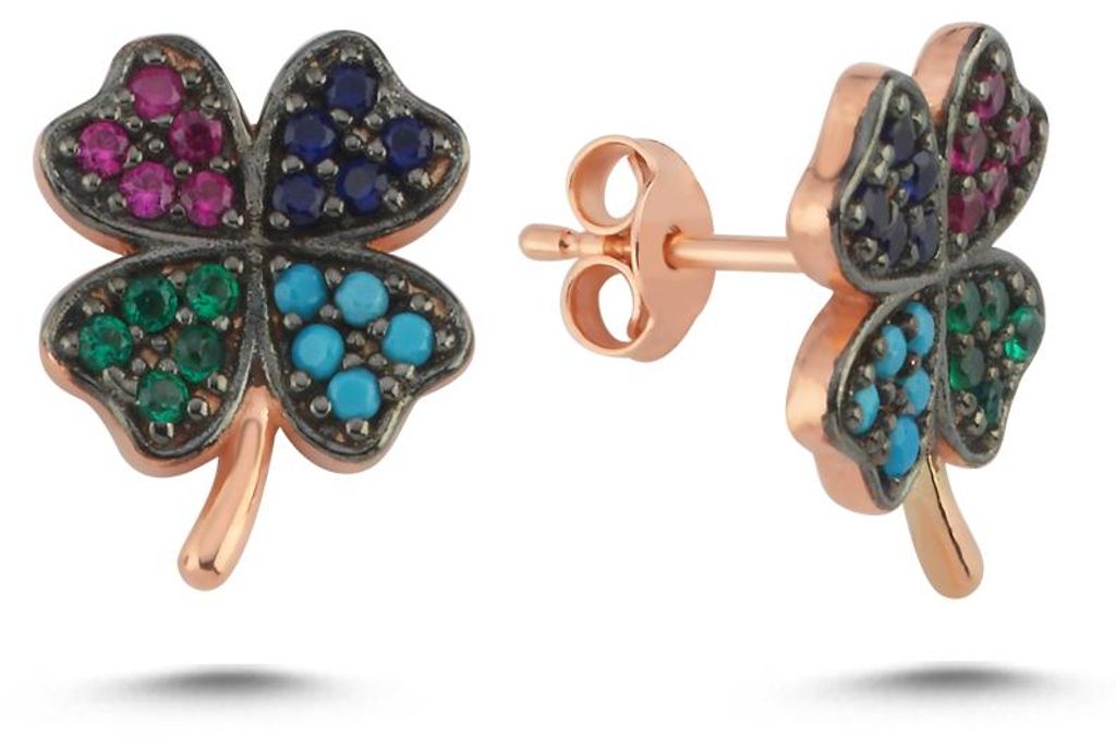 925 Silber Kleeblatt Ohrringe Rosegold – Damen Ohrstecker mit bunten Zirkonia Steinen