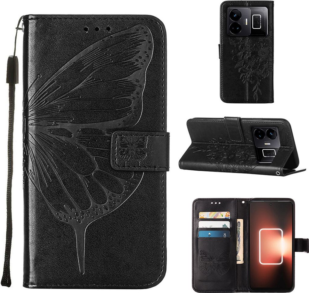 Lederhülle für Realme GT Neo 5 /Realme GT3 Schmetterling Prägung Flip Ledertasche Kartenfächer Handyhülle mit Ständer Schwarz