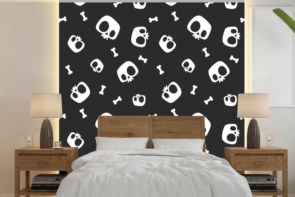 MuchoWow Fototapete für Wohnzimmer oder Schlafzimmer Wandtapete Vinyl Motivtapete Muster - Schädel - Skelett - Knochen - Junge - Kinder - Kinde...