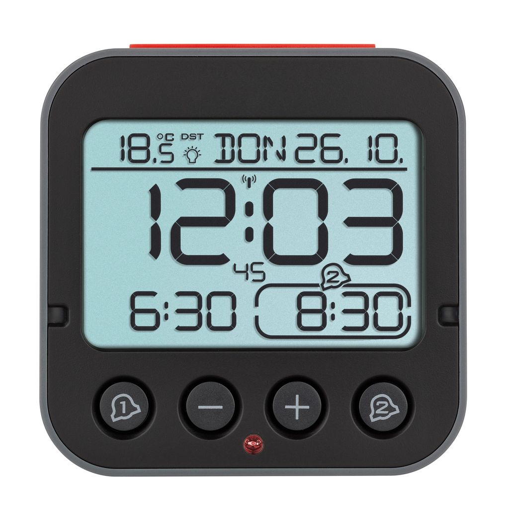 A digital alarm clock displaying the time, date, temperature, and alarm settings.