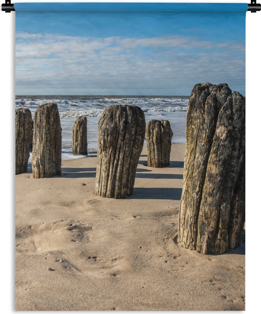 MuchoWow Wandteppich Wandbehang Sand - Strand - Pfahl - Wasser - Sommer 120x160 cm Tapisserie Dekoration Wandtuch - Wohnzimmer - Moderne