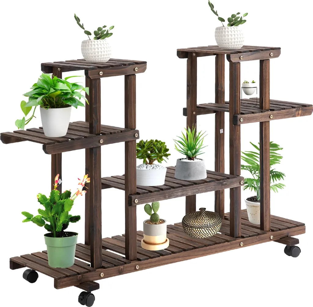 Étagère à plantes bois marron avec roulettes - Structure renforcée