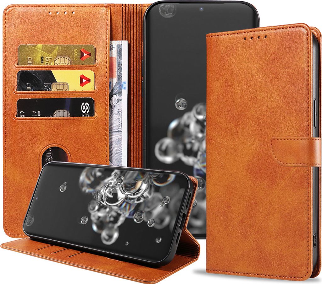 Geschikt voor Samsung Galaxy S20 Ultra Telefoonhoesje Kunstleer met Magnetisch lipje en Pasjeshouder Book Case met Klepje - Bruin - Smartphonica
