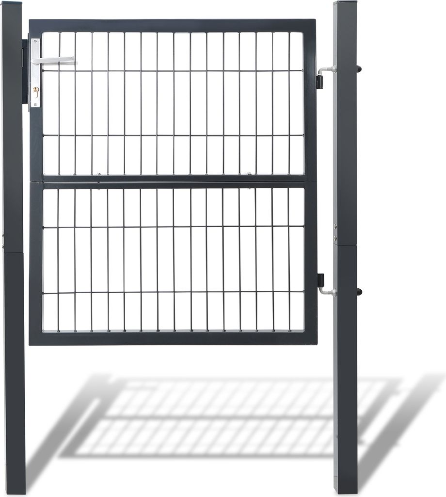 A dark gray metal garden gate is shown in an open position, attached to a post on the left and a separate post on the right. The gate has a wire mesh infill and a horizontal bar across the middle. Shadows are cast on the white background.