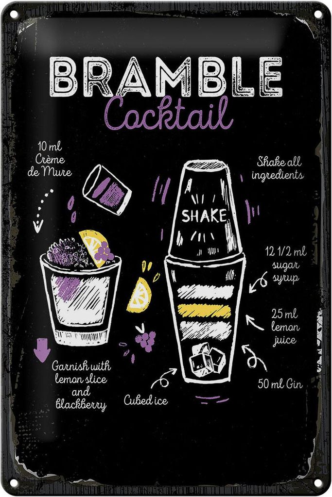 Blechschild Rezept Bramble Cocktail Recipe 20x30cm