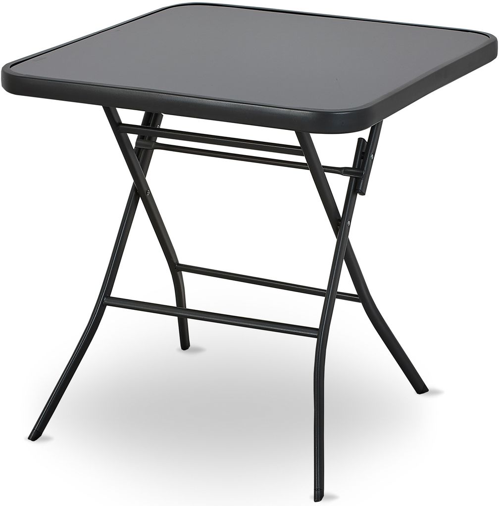 A dark gray folding bistro table with a glass top and metal frame, shown from a slightly elevated front-left angle against a white background.