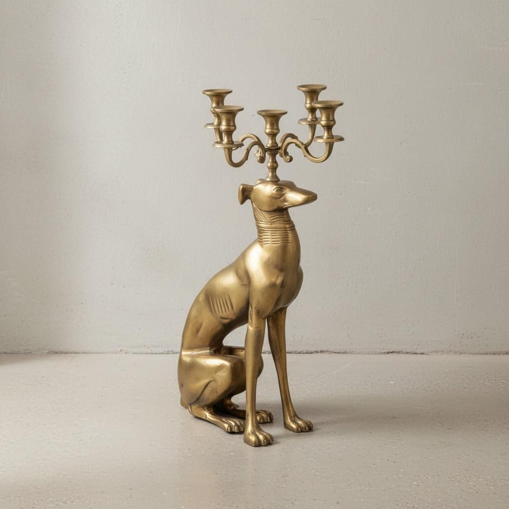 Kerzenhalter Windhund Aluminium Gold 69 cm 5-armiger Kerzenleuchter, Kerzenständer Metall für fünf Kerzen, Bodenkerzenhalter Modern, Wohnaccesso...