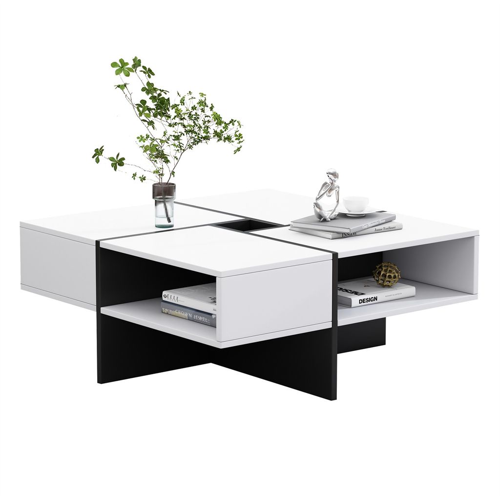 Moderner quadratischer Couchtisch(Weiß),Sofatisch,Teetisch,70x70x35cm,5 offene Fächer,mittleres Staufach10*10cm,stabiler 30KG Tragkraft