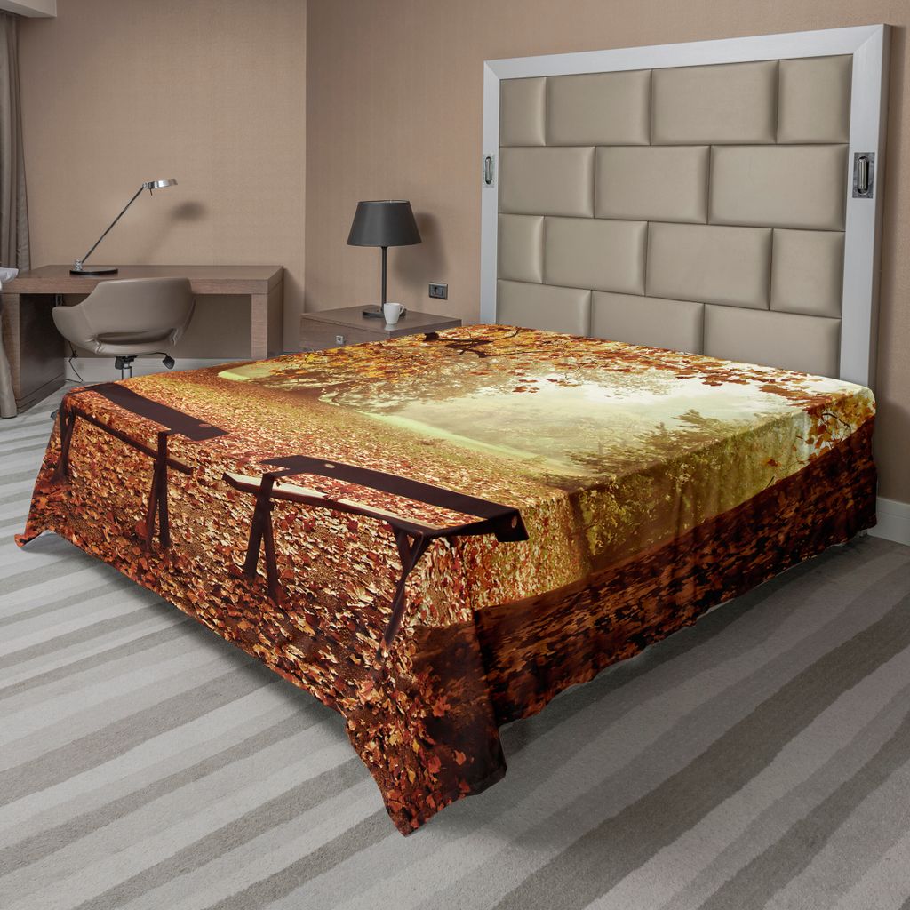 ABAKUHAUS Herbst Bettlaken, Dramatische Szene mit Herbstsaison Woodland und Holz Alte Bänke Photo, weiches bequemes oberes Bettlaken für ein deko...