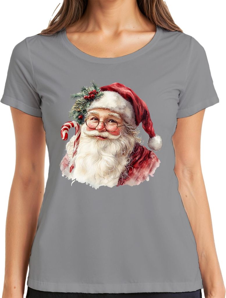 Weihnachtsmann Zuckerstange Bart Brille Aquarell Weihnachten Damen T-Shirt, Grau, XXL