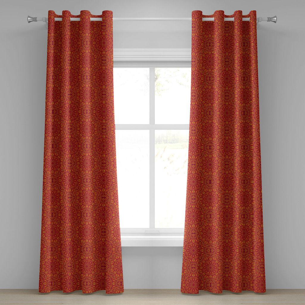 ABAKUHAUS Red Mandala Ösenvorhang, Östliche Stammesmotive Arabesque Ornamente Warme Töne Florale Symbolen Muster, Dekorative 2-Panel-Fenstervorh...