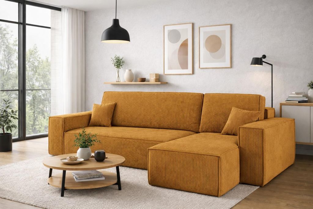 Kaiser Möbel Ecksofa mit schlaffunktion und bettkasten, Sofa L-form, Couch L-form BEST Poso Dicker Cord Senffarbe Rechts