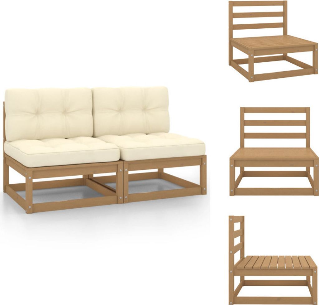 vidaXL Garten-Mittelsofas mit Creme Kissen 2 Stk. Massivholz Kiefer - Gartensofaelemente