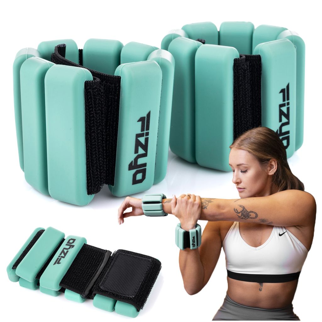 A woman is shown wearing wrist weights while stretching her arm.