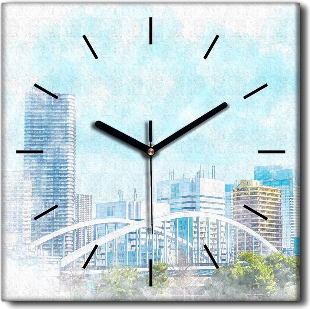 Coloray Uhr auf Leinwand 30x30 cm Wand Uhr Dekoration Wohnzimmer Segeltuch schwarze Hände -Japan Tokyo Landschaft.