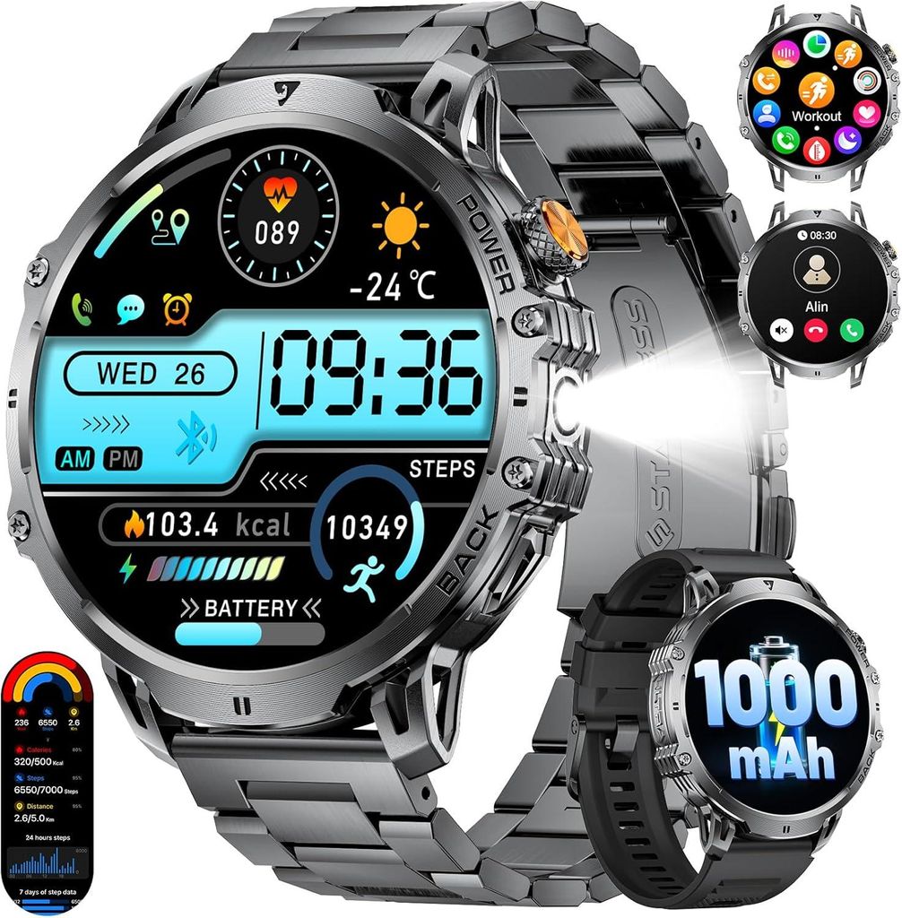 BENYAR SMART Herren Smartwatch mit 1.85" HD Display, 1000 mAh Akku, LED-Licht, 120+ Sportmodi, IP68 Wasserdicht, Herz- & Schlafmonitor