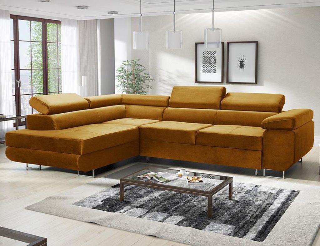 MODERNO Ecksofa mit Schlaffunktion AVESTA, Schlafcouch Wohnlandschaft, Gold, Breite Links