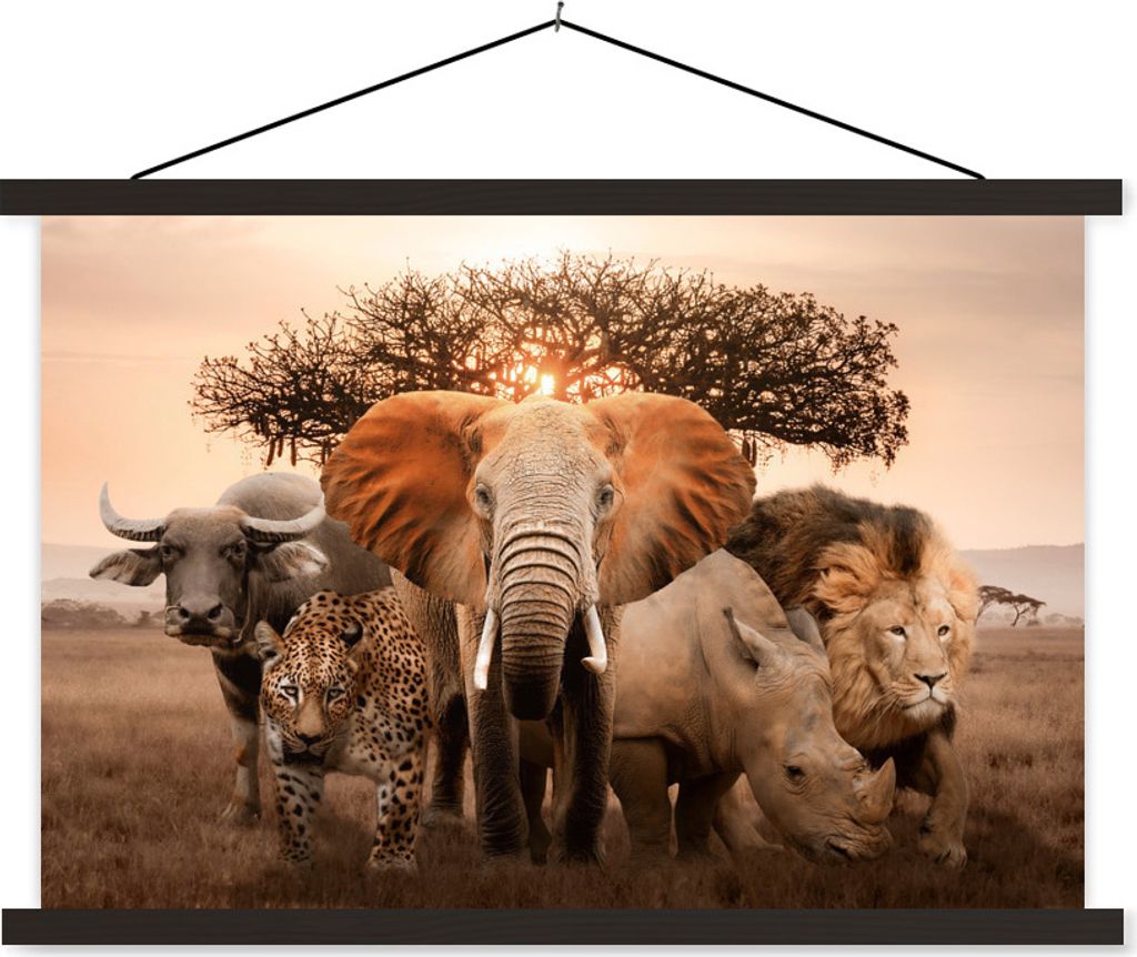 MuchoWow Textilposter Tiere - Elefant - Löwe 120x80 cm mit schwarzem Rahmen - Wanddeko