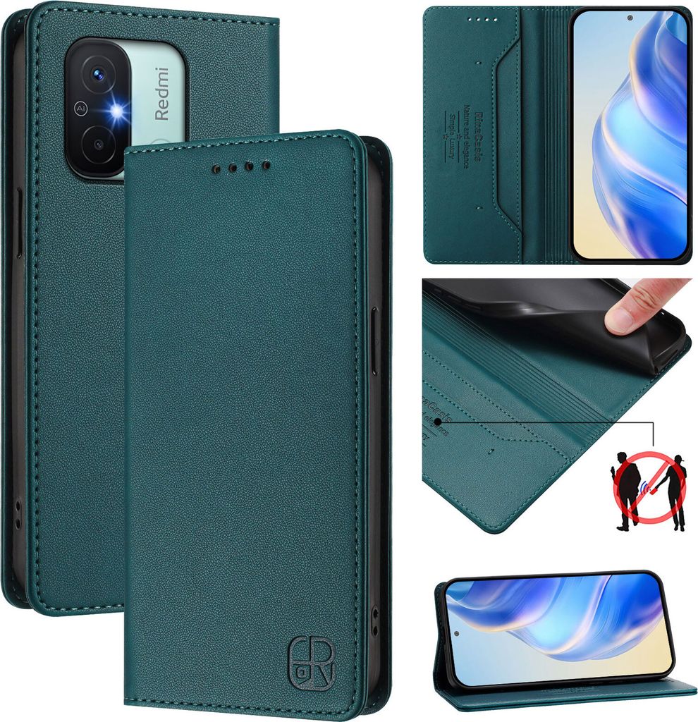 Lederhülle für Xiaomi Redmi 12C Hülle Flip Brieftasche Kartenfächern Ständer Schutzhülle Dunkelgrün