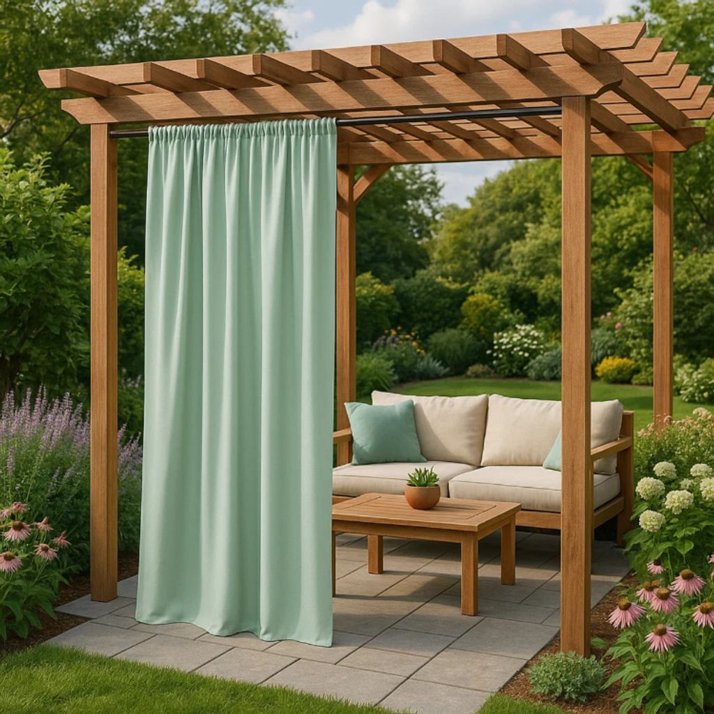 An outdoor living space with a pergola, sofa, coffee table, and a curtain.