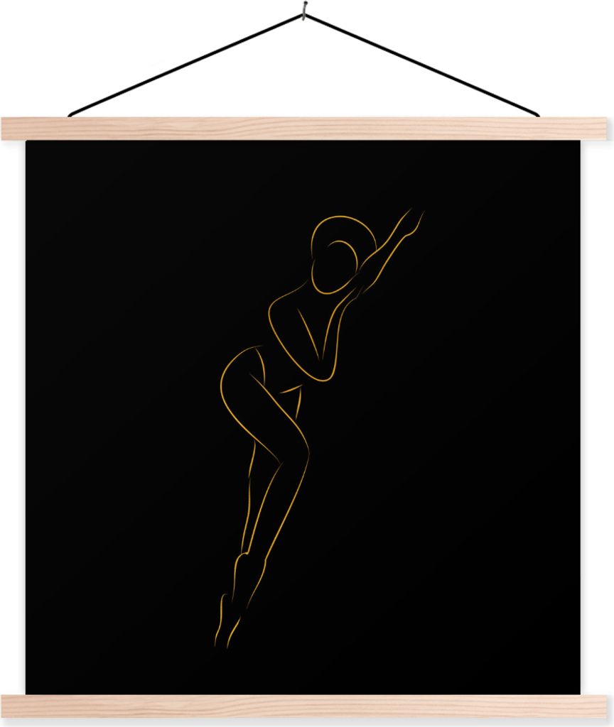 MuchoWow Textilposter Frau - Schwarz - Gold - Strichzeichnung 120x120 cm mit holzfarbenen Rahmen - Textil-Poster