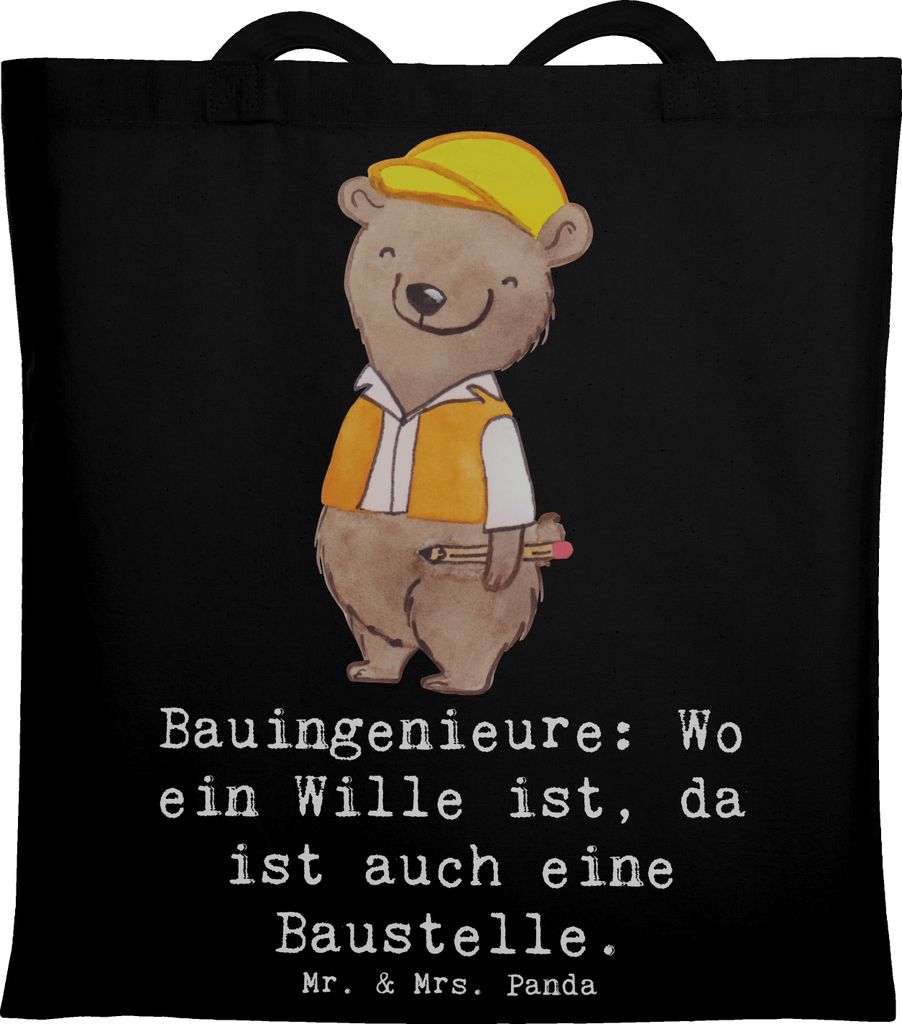 Mr. & Mrs. Panda Tote Bag Bauingenieur Wille - Schwarz - Geschenk, Geschenke mit Herz, Beruf, Ingenieurleben, Bauingenieure: Wo ein ist, Tragetasch...