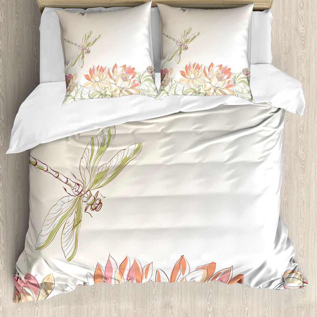 ABAKUHAUS Libelle Bettbezug, Lotus-Blumen-Feld, Milbensicher Allergiker geeignet mit Kissenbezügen, 155 cm x 220 cm - 80 x 80 cm, Creme Peach Coral