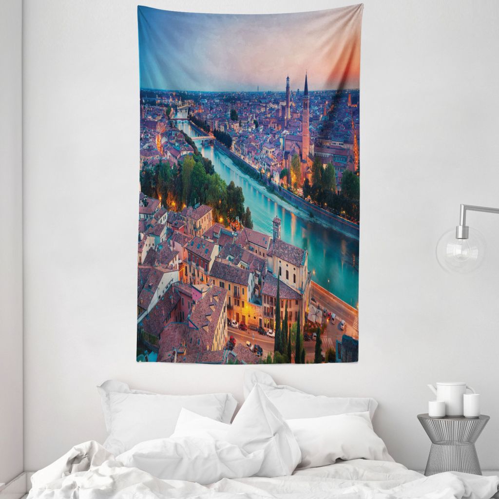 ABAKUHAUS Italien Wandteppich und Tagesdecke, Verona Italien Blue Hour aus Weiches Mikrofaser Stoff Waschbar ohne Verblassen Digitaldruck, 140 x 23...