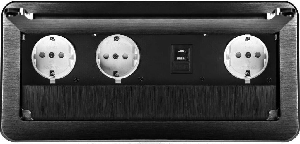 Einbausteckdose Tischsteckdose Bodensteckdose Fußbodensteckdose Wand Steckdose 3er + Internet Schwarz