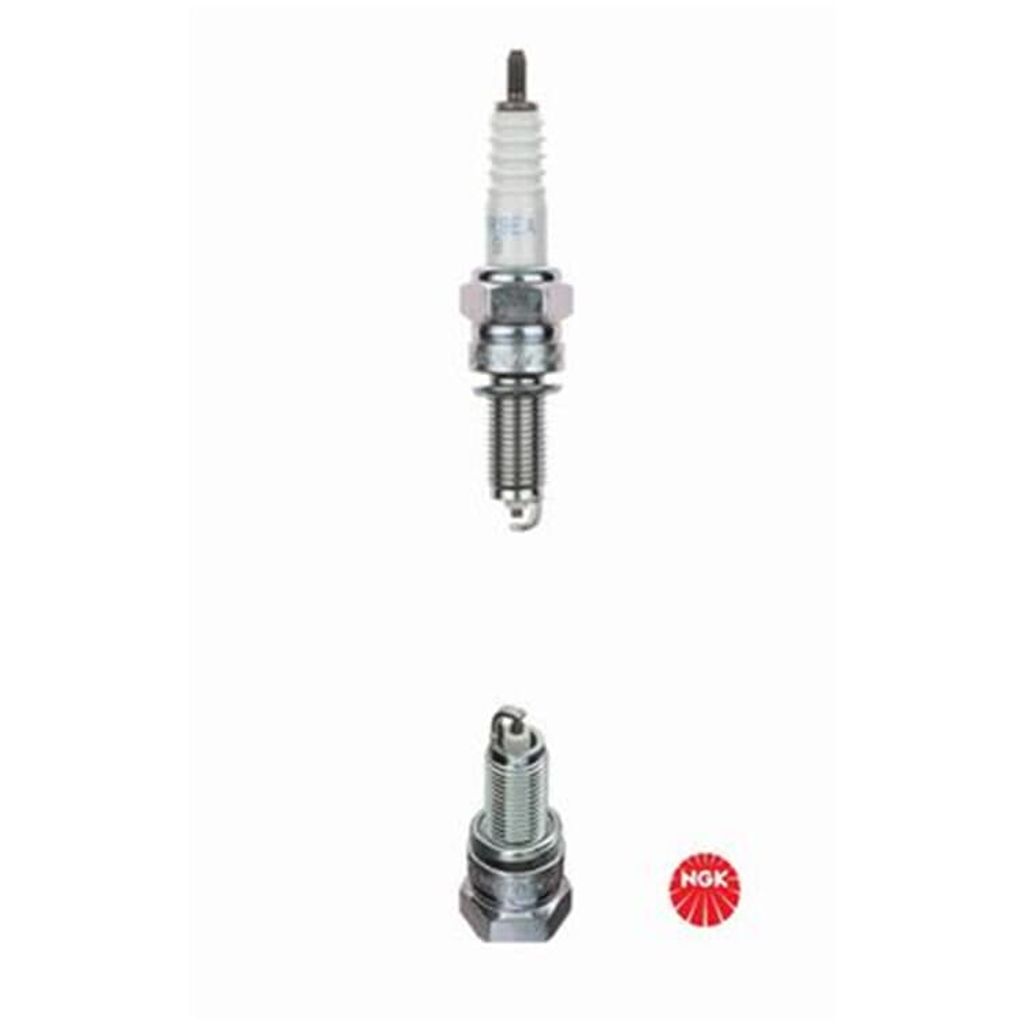 Two spark plugs are shown against a white background. One is larger and positioned above the other. A small red and white NGK logo is visible to the right of the smaller spark plug.
