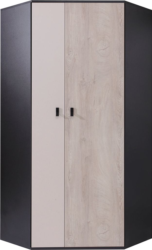 Eckkleiderschrank in schwarz mit Eiche und beige, PITTSBURGH-133