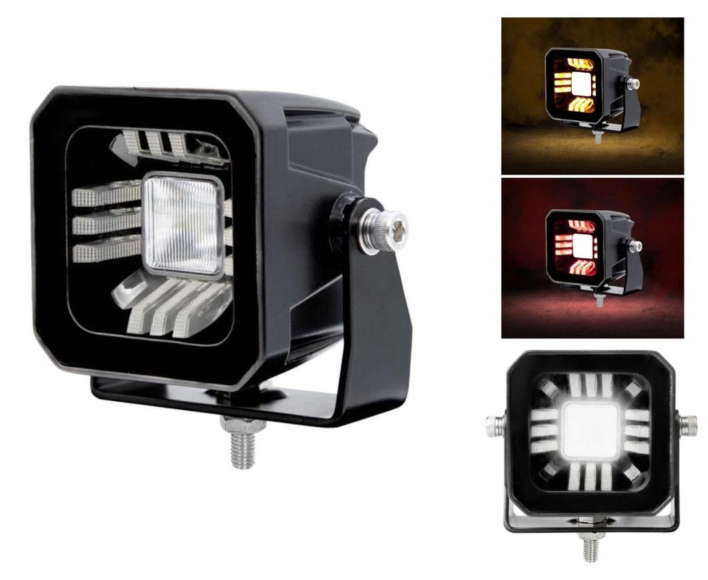 Universeller LED‐Dioden‐Halogen‐Scheinwerfer, weißes Licht + rotes und orangefarbenes Begrenzungslicht (DRL), 12V–24V, E‐Mark, f