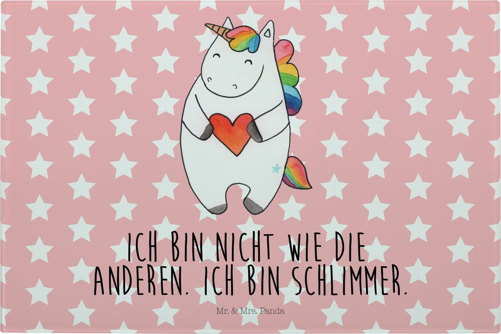 Mr. & Mrs. Panda Glasschneidebrett Einhorn Herz - Rot Pastell - Geschenk, Einhörner, Glas Schneidbrett, Unicorn, böse, Hackbrett, Küchenbrett, B...