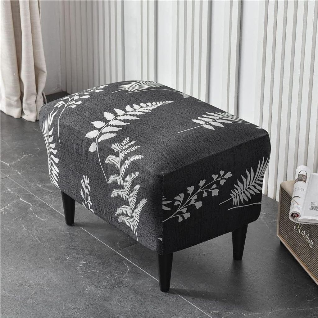 Allecto Premium - Rechteckige Ottomane aus Polyester-Elasthan mit elastischem Saum - Staubdicht und waschbar - Design mit weißen Blättern - Geeig...