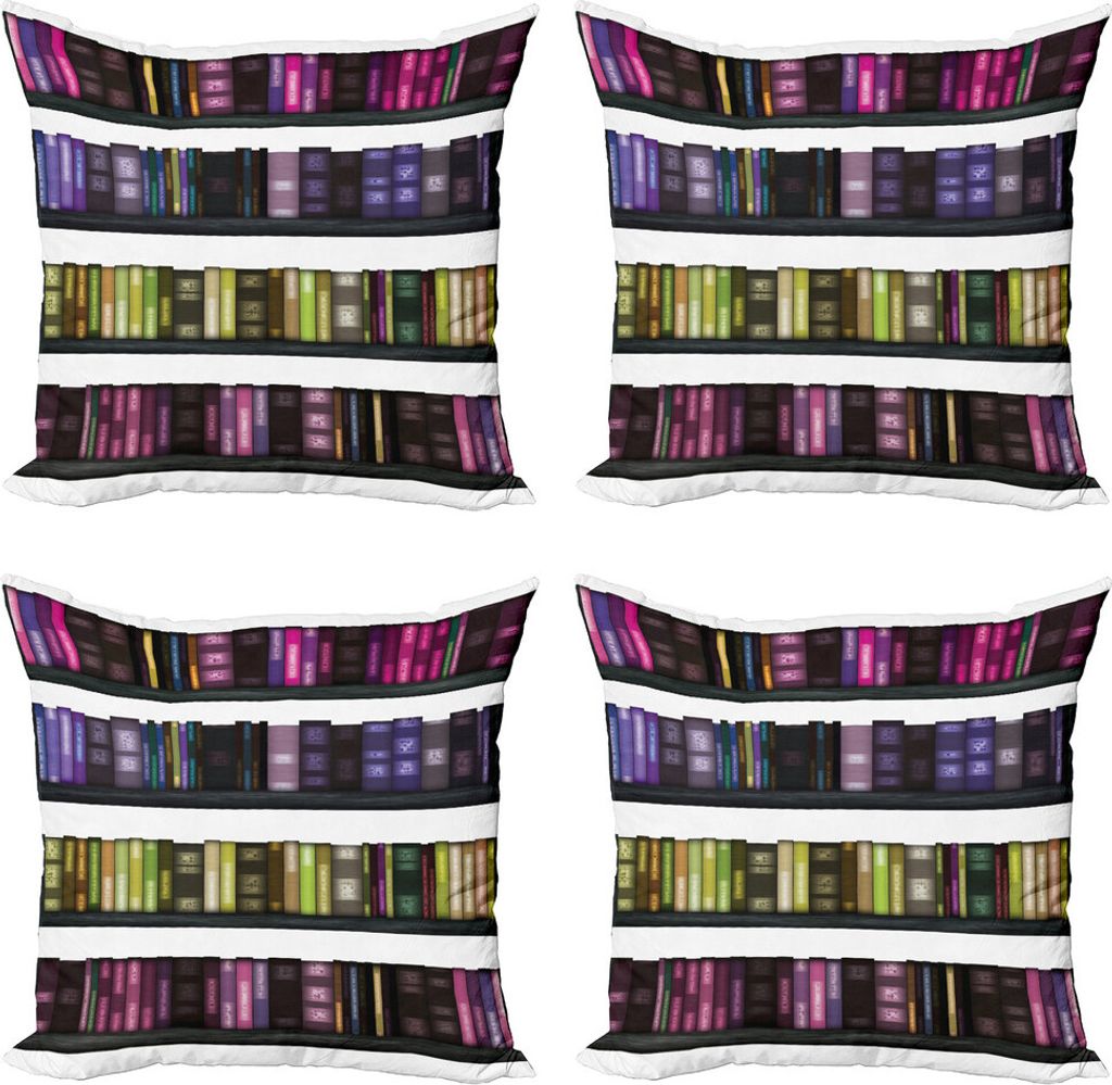 ABAKUHAUS Bibliothek Kissenbezug Set (4 Stück), Bunte Bücher auf Regalen, Moderner Doppelseitiger Digitaldruck, 45 cm x 45 cm, Mehrfarbig