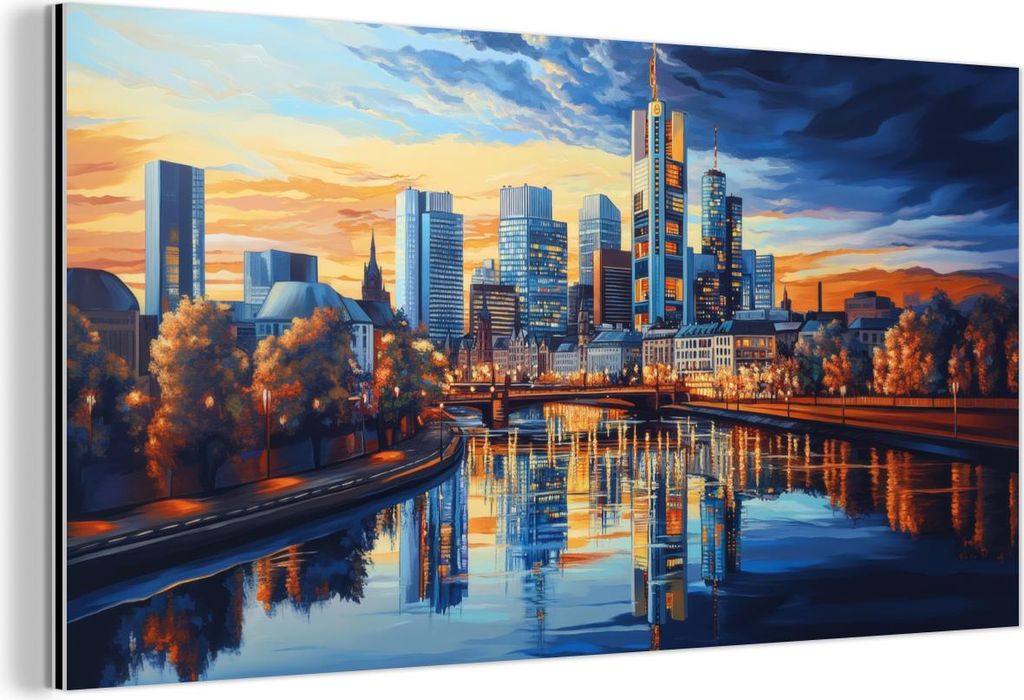 MuchoWow Wanddekoration Metall Metallbild Wandkunst 40x20 cm Sonnenuntergang Frankfurt - Stadt - Skyline - Wasser MuchoWow Aluminium Gemälde - Bil...