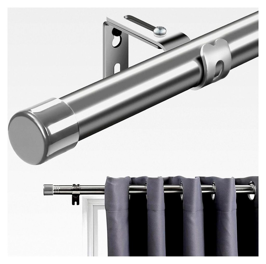 Gardinenstangen mit Kappenknäufen 76-198 cm, Silber mit Halterungen und Beschlägen für Fenster im Wohnzimmer und Außenbereich