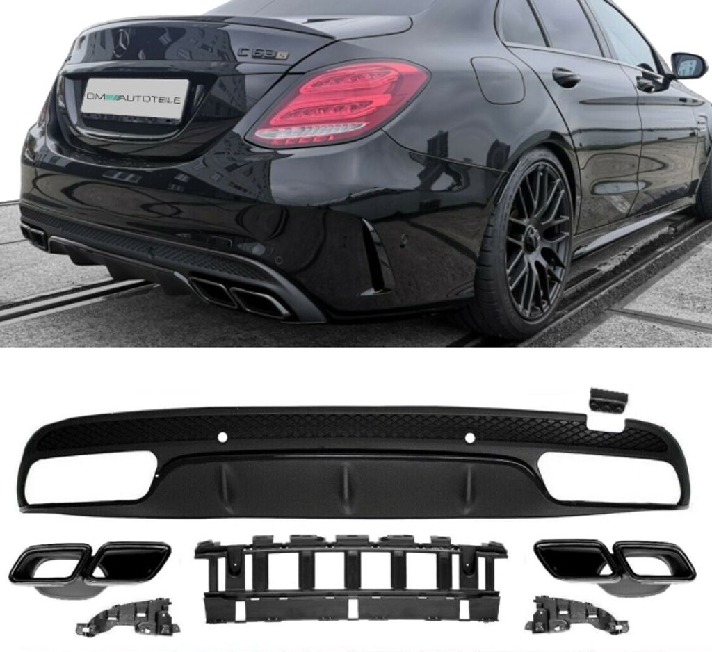 SET Heckdiffusor Schwarz Hochglanz + Blenden passend für Mercedes C-Klasse W205 S205 ab 14-18 AMG Sport