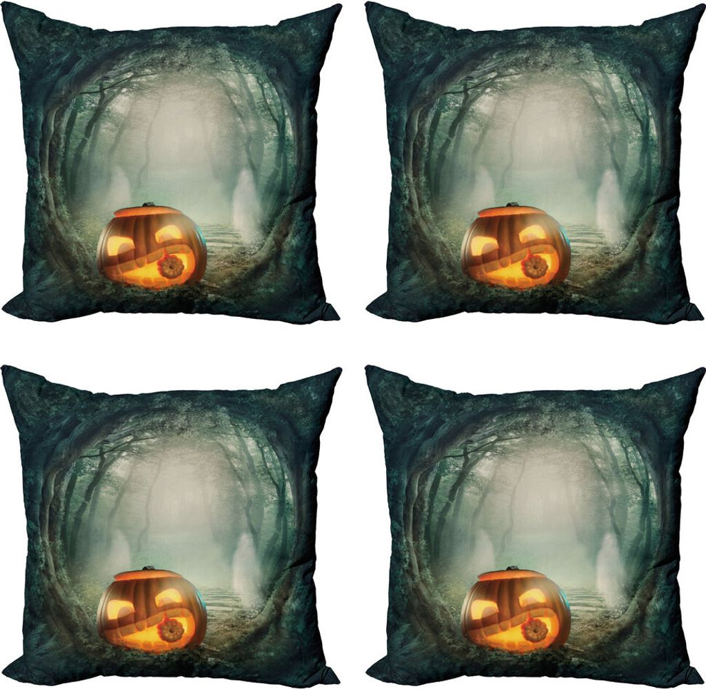 ABAKUHAUS Halloween Kissenbezug Set (4 Stück), Kürbis Enchanted Forest, Moderner Doppelseitiger Digitaldruck, 40 cm x 40 cm, Orange Teal