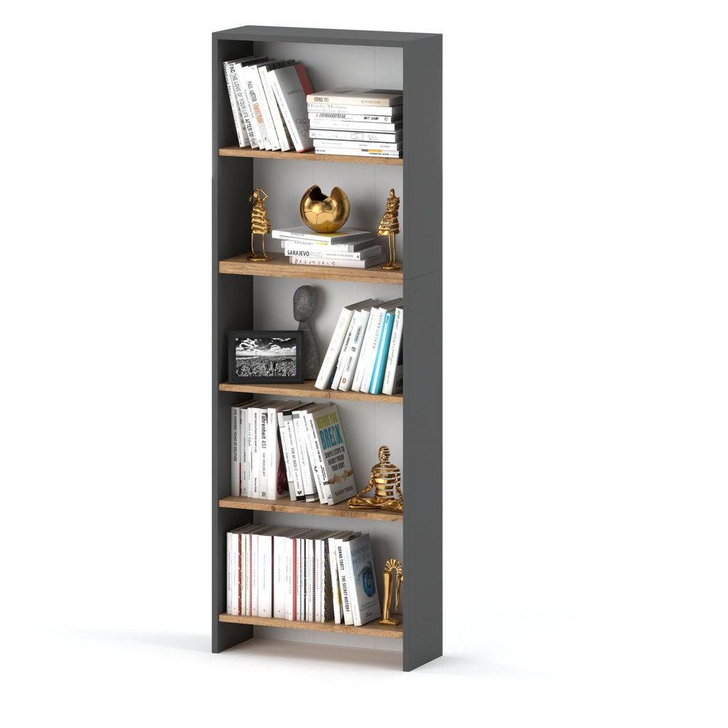 STIV Möbel | Bücherregal Grau Matt/Wotan Eiche 60x189 cm | 5 Holzregalböden | Offenes Standregal Wohnzimmer Büro modern