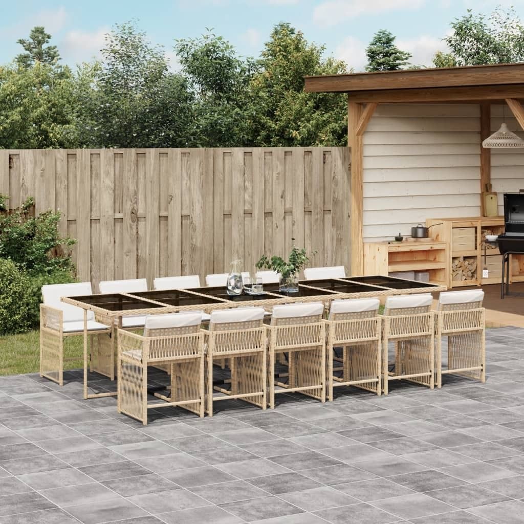 "2026 Promotion" 13-tlg. Garten-Essgruppe - mit Tisch und Stühlen - mit Kissen - Beige Poly Rattan - Gartenmöbelset CC11643
