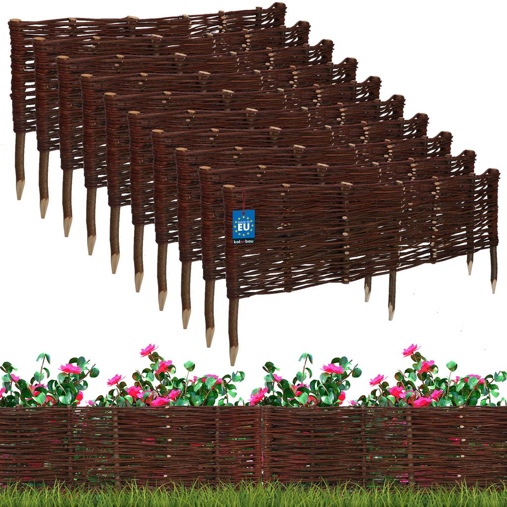 A set of woven willow garden edging panels, with a row of pink flowers and green foliage in the foreground.