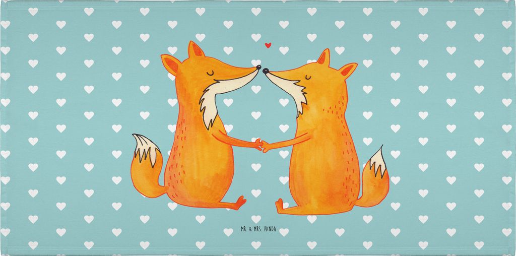 Mr. & Mrs. Panda Handtuch 100x50 Füchse Liebe - Türkis Pastell - Geschenk, Freundin, Fuchs, 50x100, Händchen Halten, kleines, Frotteehandtuch, b...
