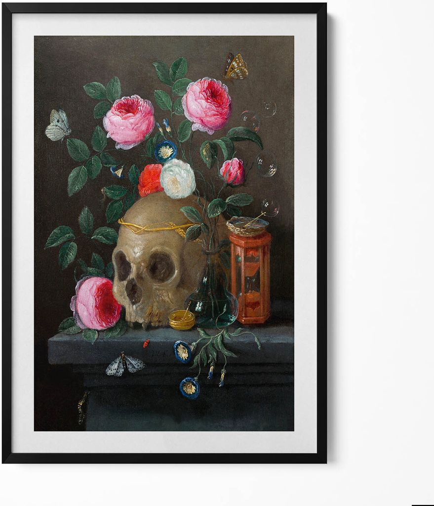 Schädel zwischen Blumen– Wandbild mit Rahmen – Gerahmtes Bild – Wanddekoration – 70x100 cm – Schwarz Rahmen