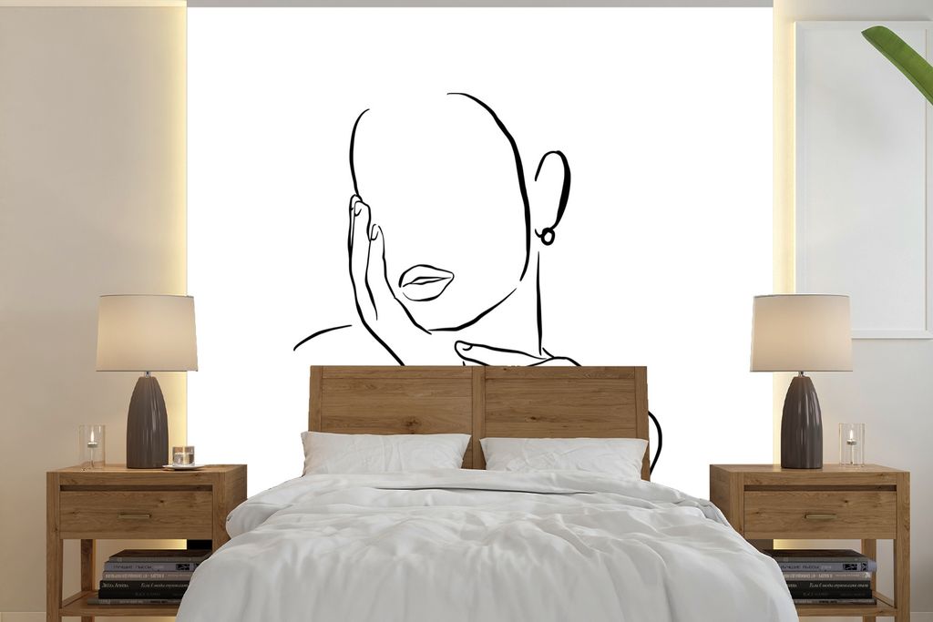 MuchoWow Fototapete für Wohnzimmer oder Schlafzimmer Wandtapete Vinyl Motivtapete Abstrakte Strichzeichnung einer Frau mit dem Kopf in der Hand ...