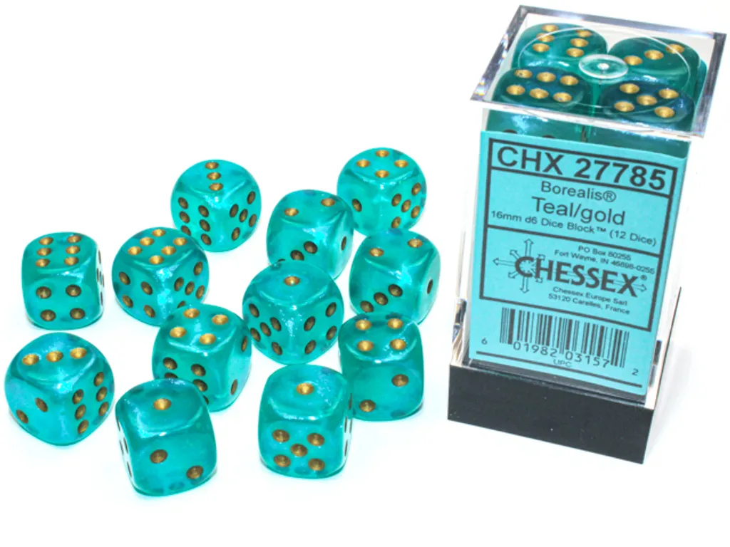 Set 12 Dés D6 16mm Lisibles et Équilibrés Chessex Borealis Bleu Or