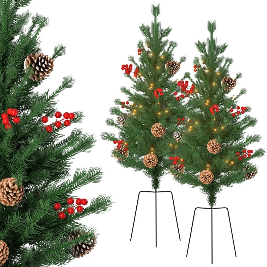 Mini sapin de Noël artificiel 76 cm avec éclairage et baies - Lot de 2