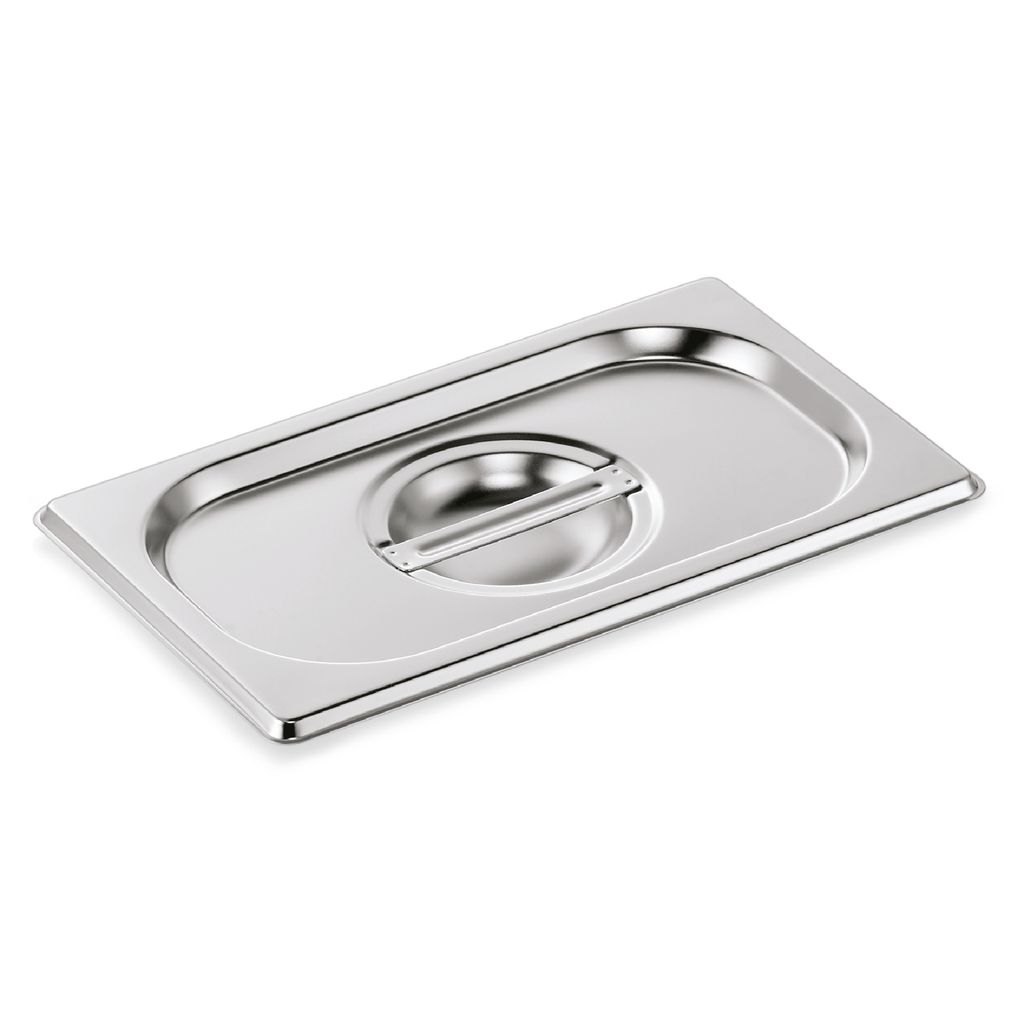 A stainless steel food pan lid with a circular handle in the center.