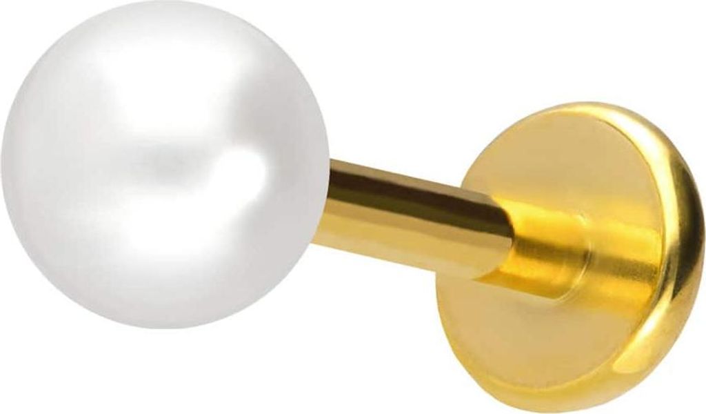 Ohrpiercing, Nasenpiercing Titan Labret mit Push Fit SYNTHETISCHE PERLE Gold Stablänge: 9mm | Stabstärke: 1mm | Perlengröße: 4mm
